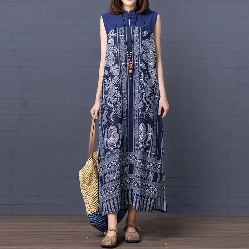 Babakud Plus Size - Summer Floral Printed Linen Blue Dress