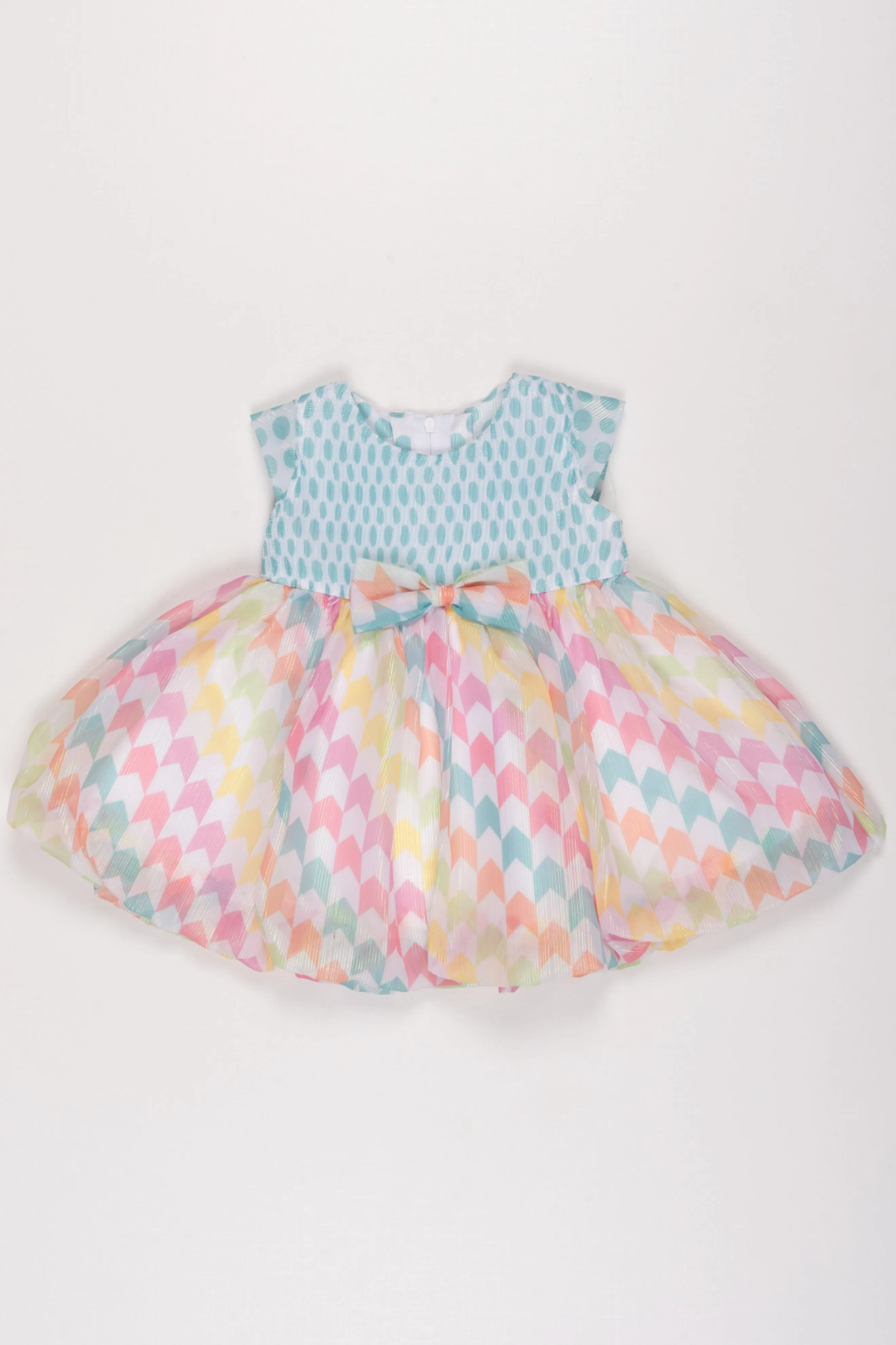 Baby Girl's Mint Green Polka Dot Frock with Pastel Chevron Skirt and Decorative Bow