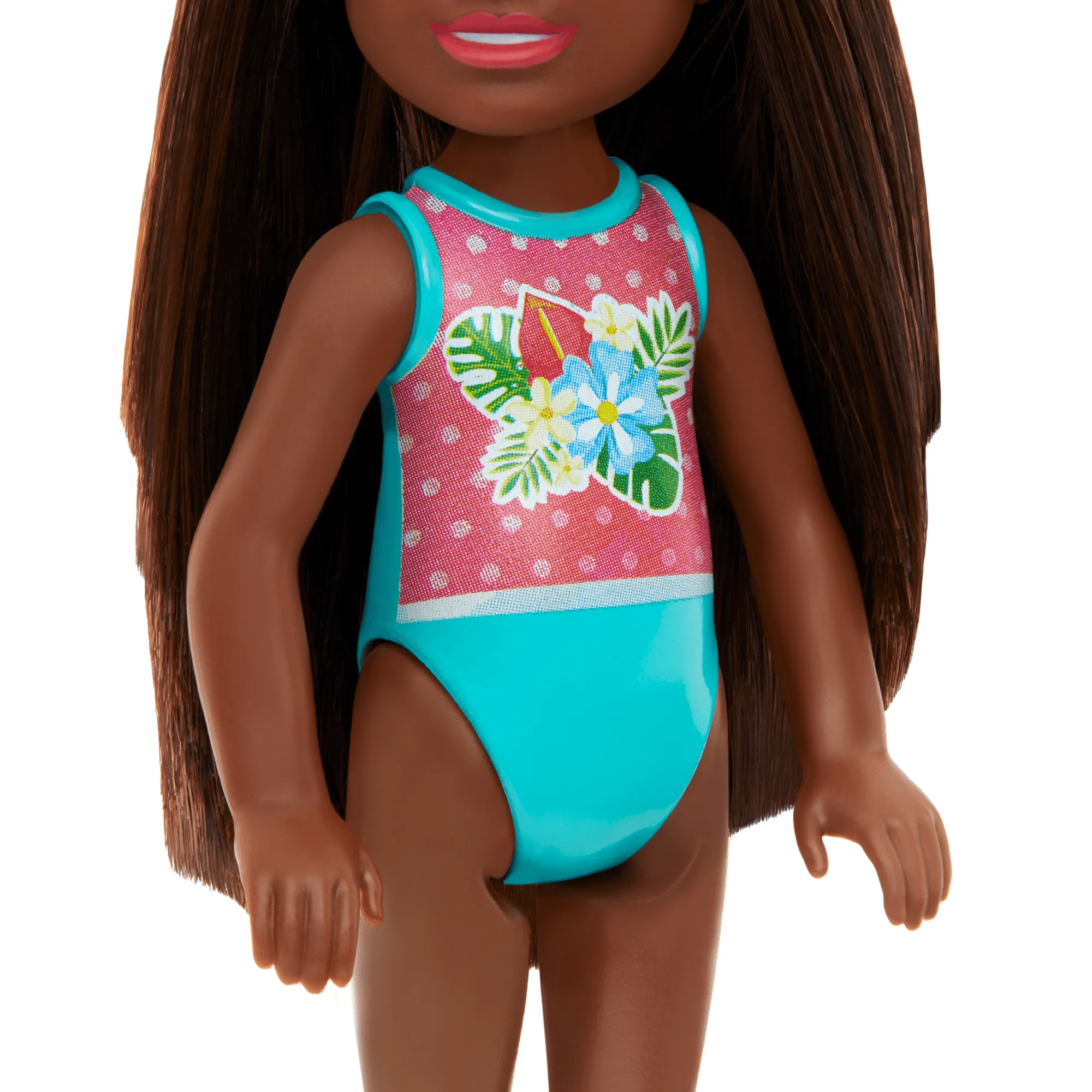 Barbie Chelsea Small Doll With Beach Swimsuit, Polka Dot & Floral Print, Brown Hair & Brown Eyes