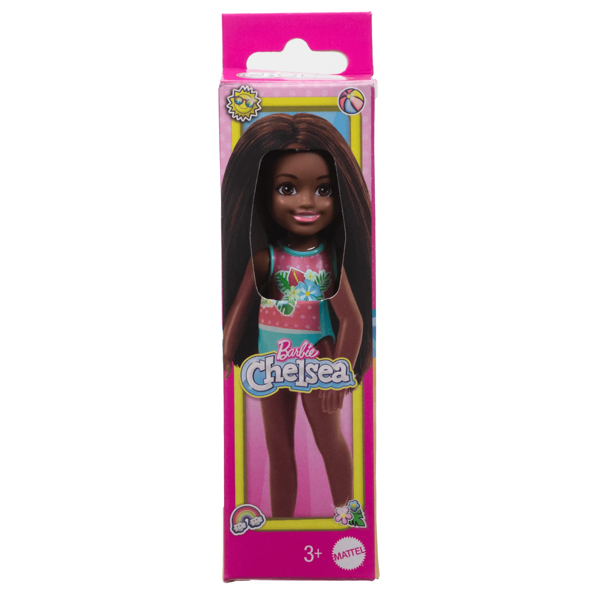 Barbie Chelsea Small Doll With Beach Swimsuit, Polka Dot & Floral Print, Brown Hair & Brown Eyes