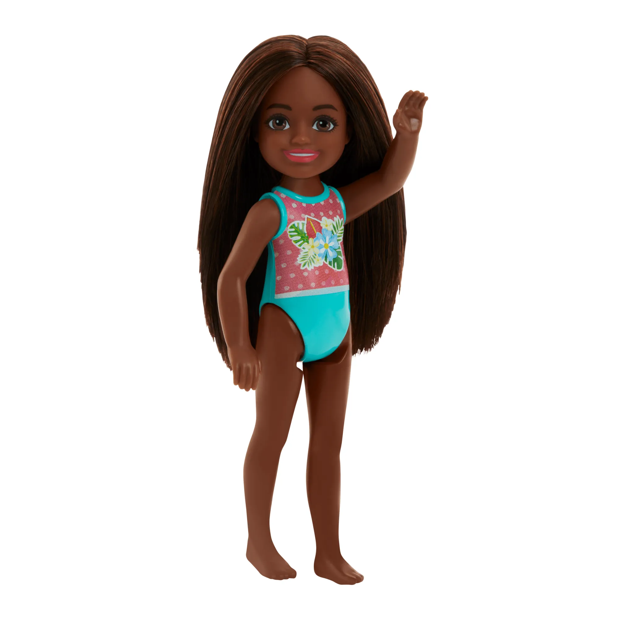 Barbie Chelsea Small Doll With Beach Swimsuit, Polka Dot & Floral Print, Brown Hair & Brown Eyes