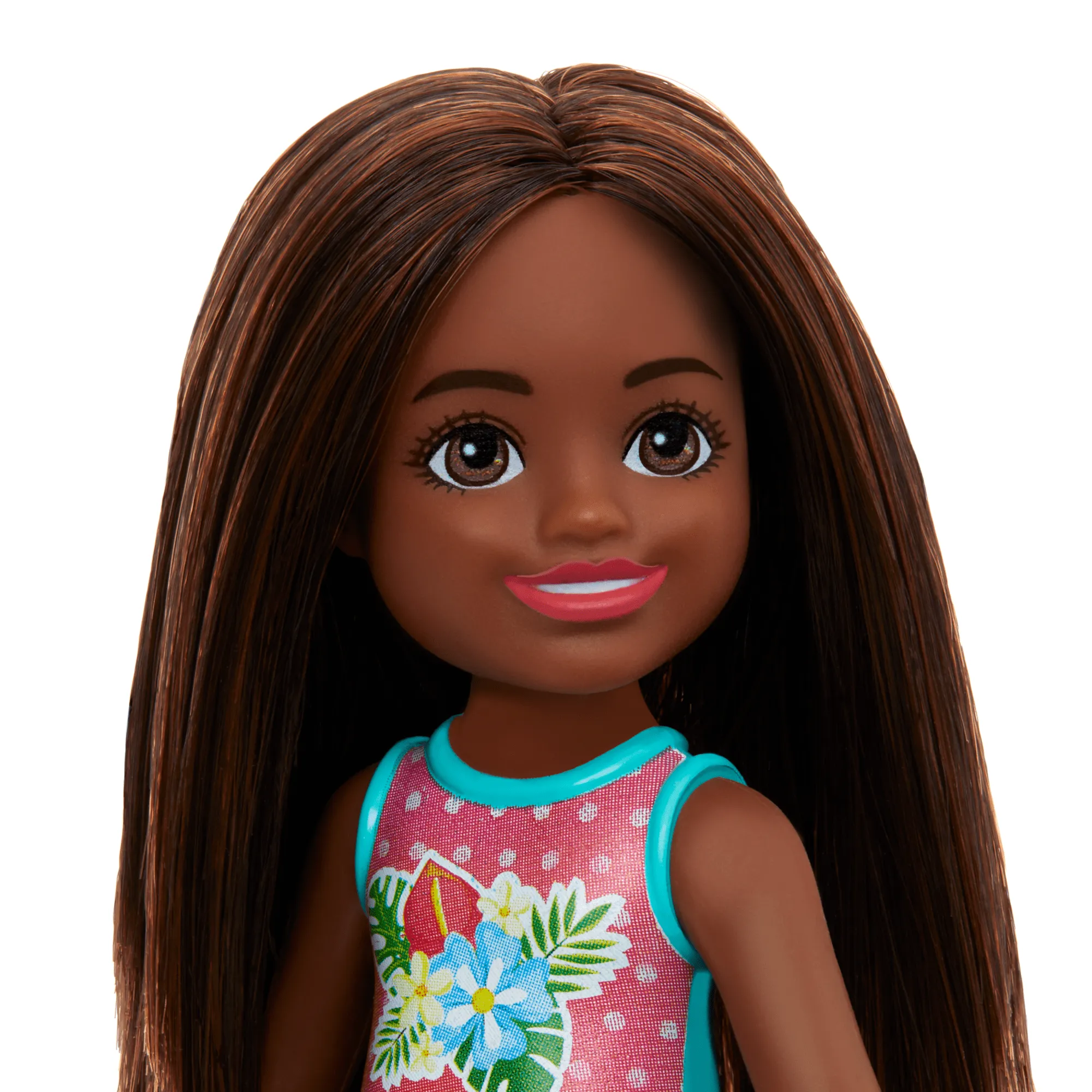 Barbie Chelsea Small Doll With Beach Swimsuit, Polka Dot & Floral Print, Brown Hair & Brown Eyes