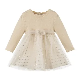 Beige Knit Polka Dot Tulle Dress