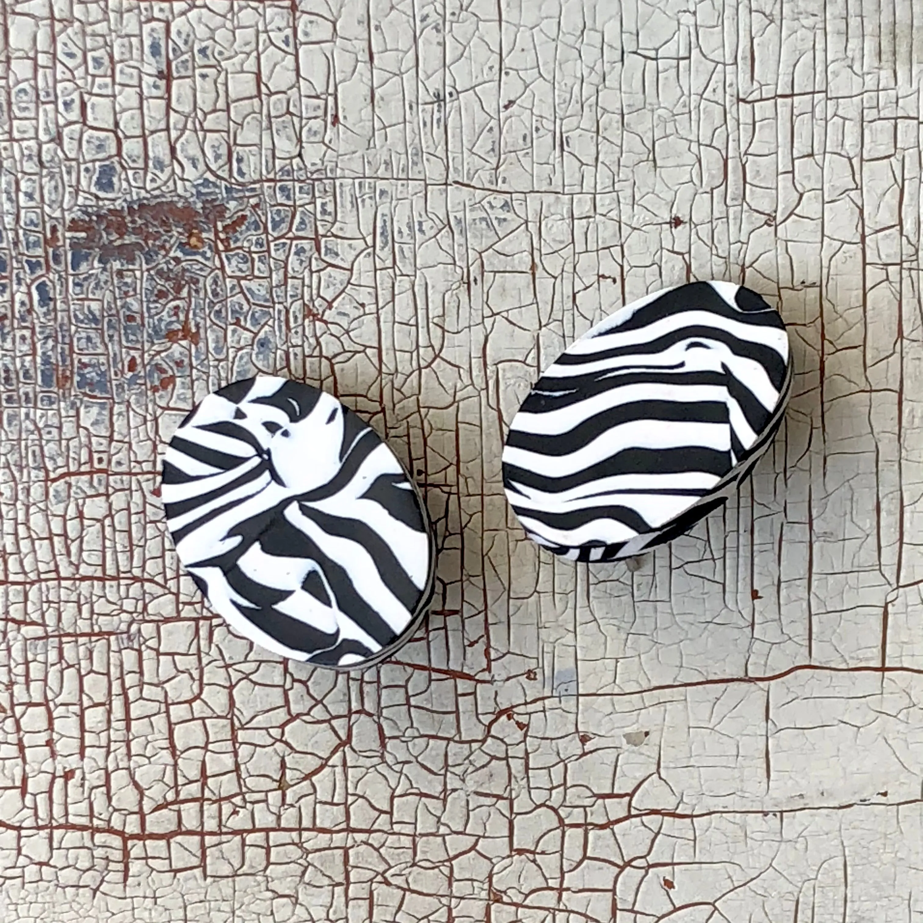 Black & White Zebra Stripe Oval Stud Earrings