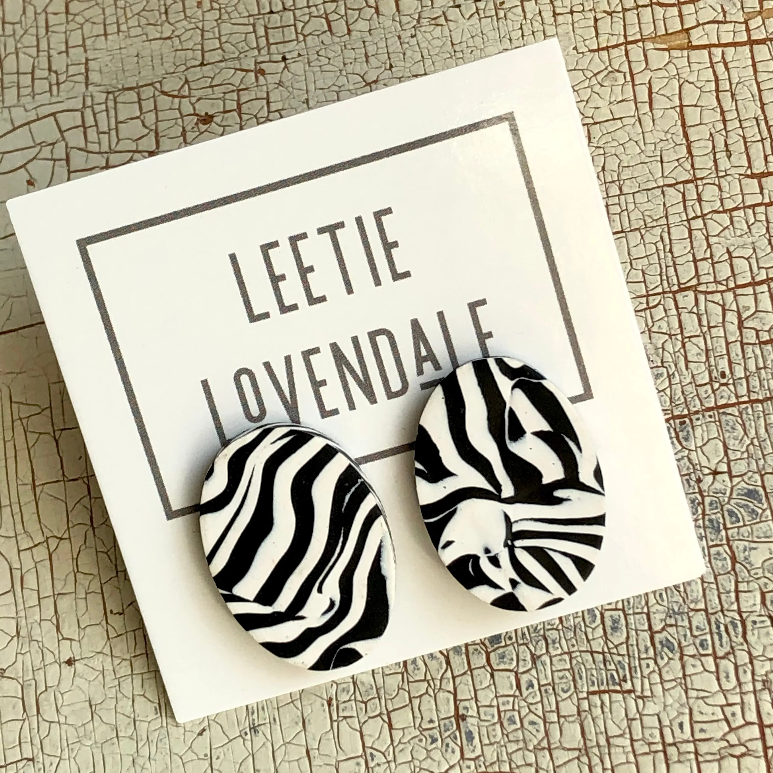 Black & White Zebra Stripe Oval Stud Earrings