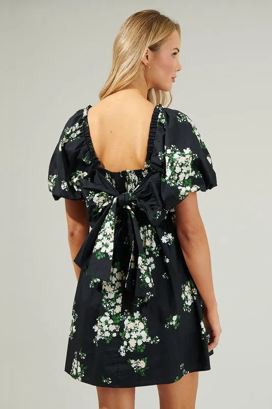 Black Floral Puff Mini Dress