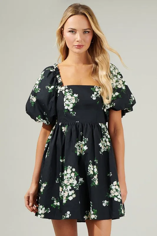 Black Floral Puff Mini Dress