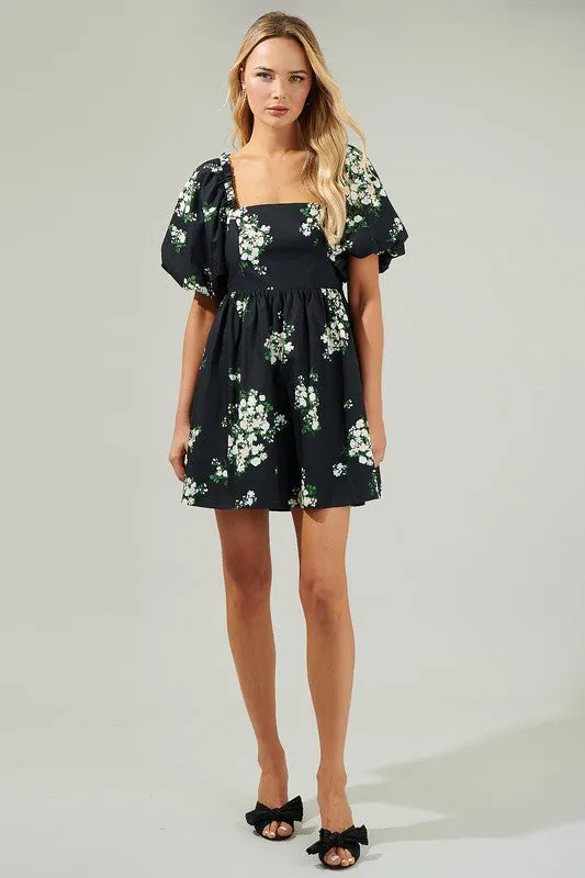 Black Floral Puff Mini Dress