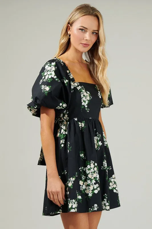 Black Floral Puff Mini Dress