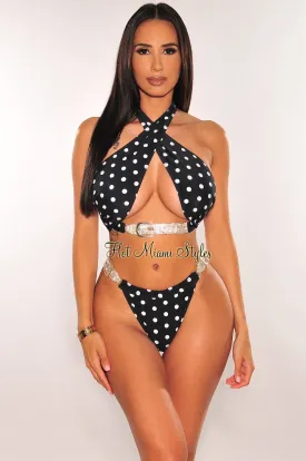 Black Polka Dot Crossover Rhinestone Buckle Bikini