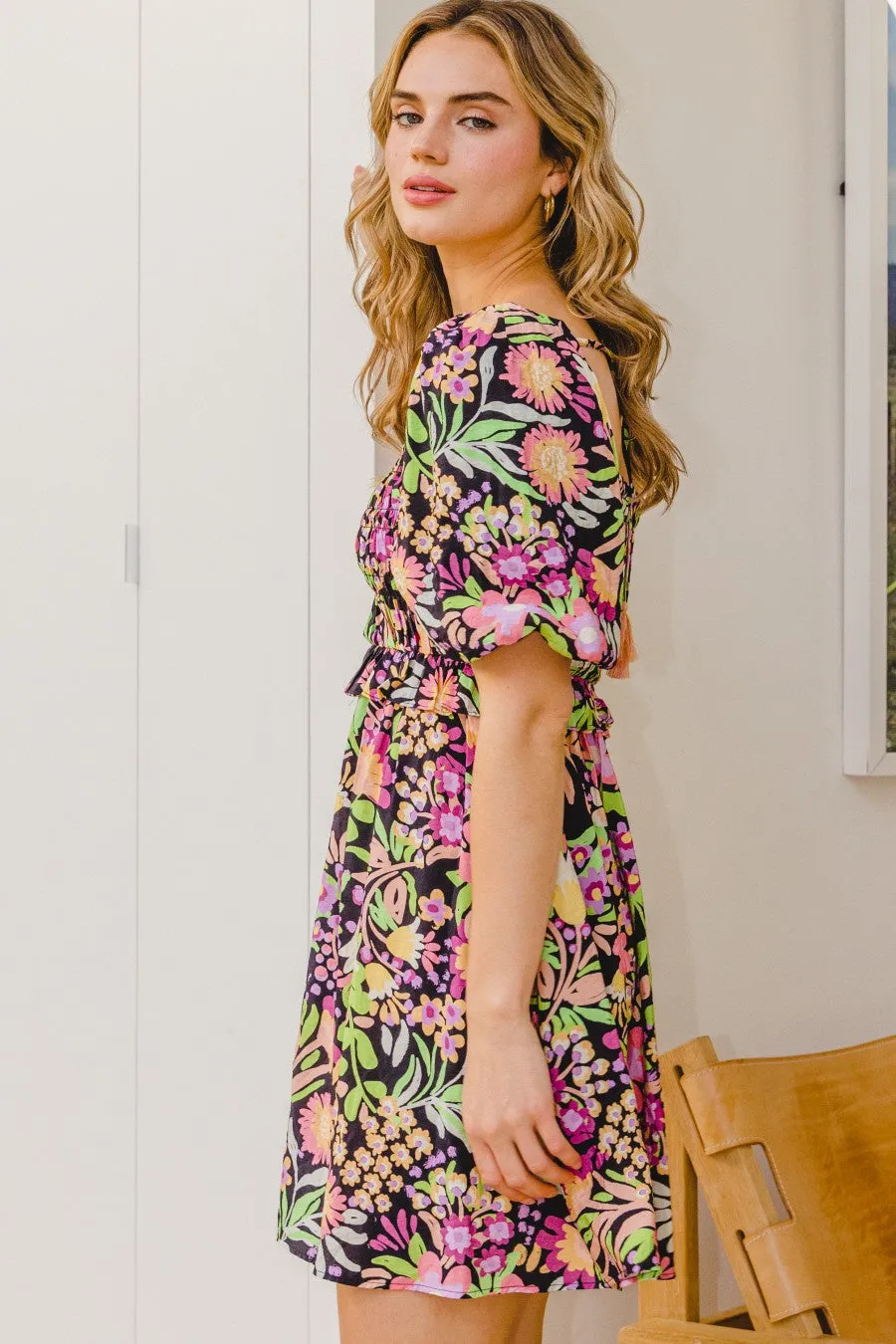 Black Puff Sleeve Floral Mini Dress