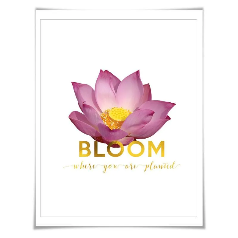 Bloom Where You Are Planted Gold Foil Art Print. 3 Sizes. Flower Poster. Floral Art. Water Lily. Inspirational Quote.