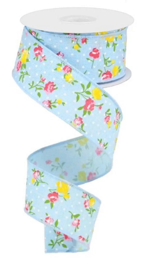 Blue floral 1.5” wired ribbon