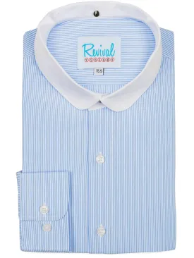 Blue Stripe Collarless Grandad Shirt with Detachable Club Collar