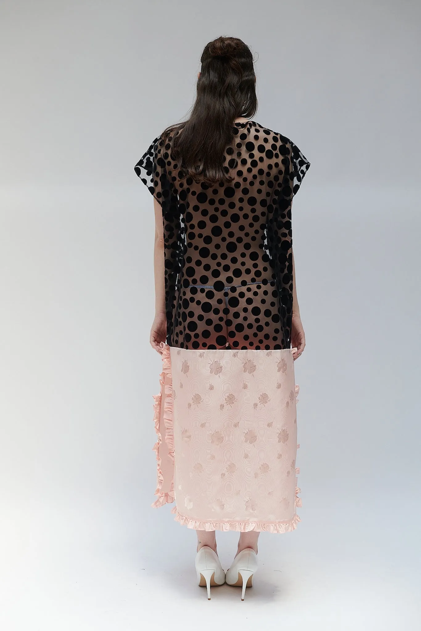 Caftan in Black Flocked Polka Dot Tulle