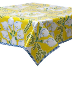 Calla Lily Yellow Oilcloth Tablecloths with Blue Gingham Trim