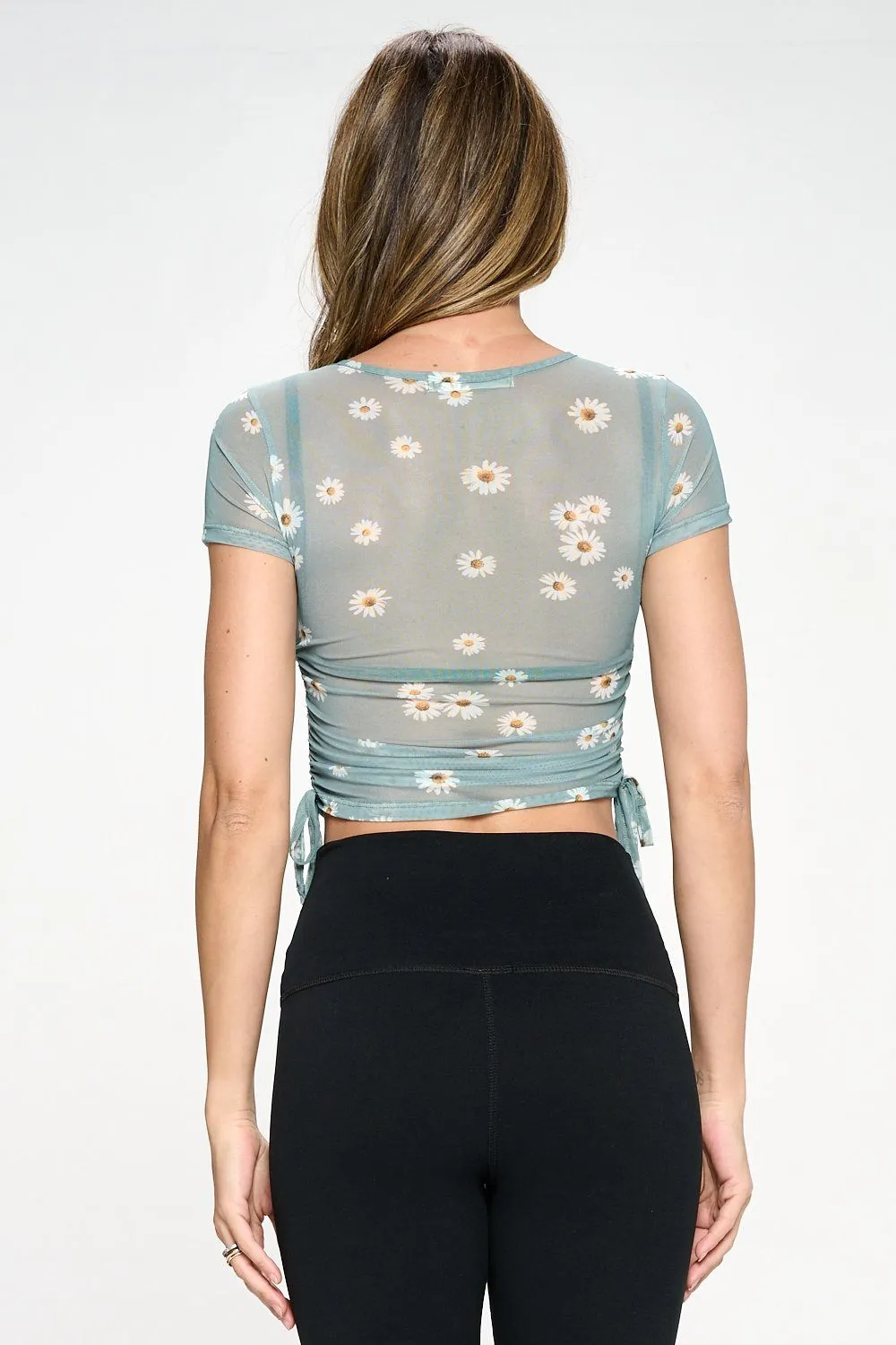 Cassidy - Green Daisy Mesh Cinch Side Crop Tee