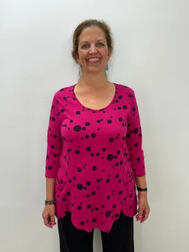 Cerise Pink Polka Dot 3/4 Sleeve Scallop Tunic