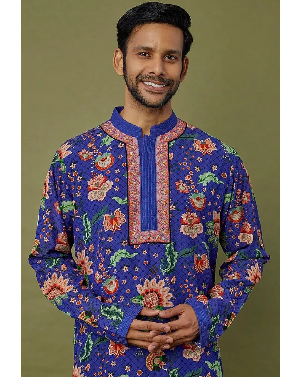 Cobalt Blue Viscose Striped Printed & Embroidered Kurta