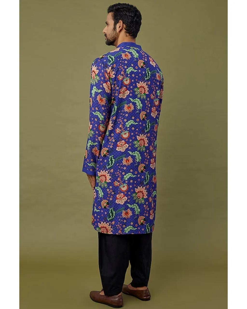 Cobalt Blue Viscose Striped Printed & Embroidered Kurta