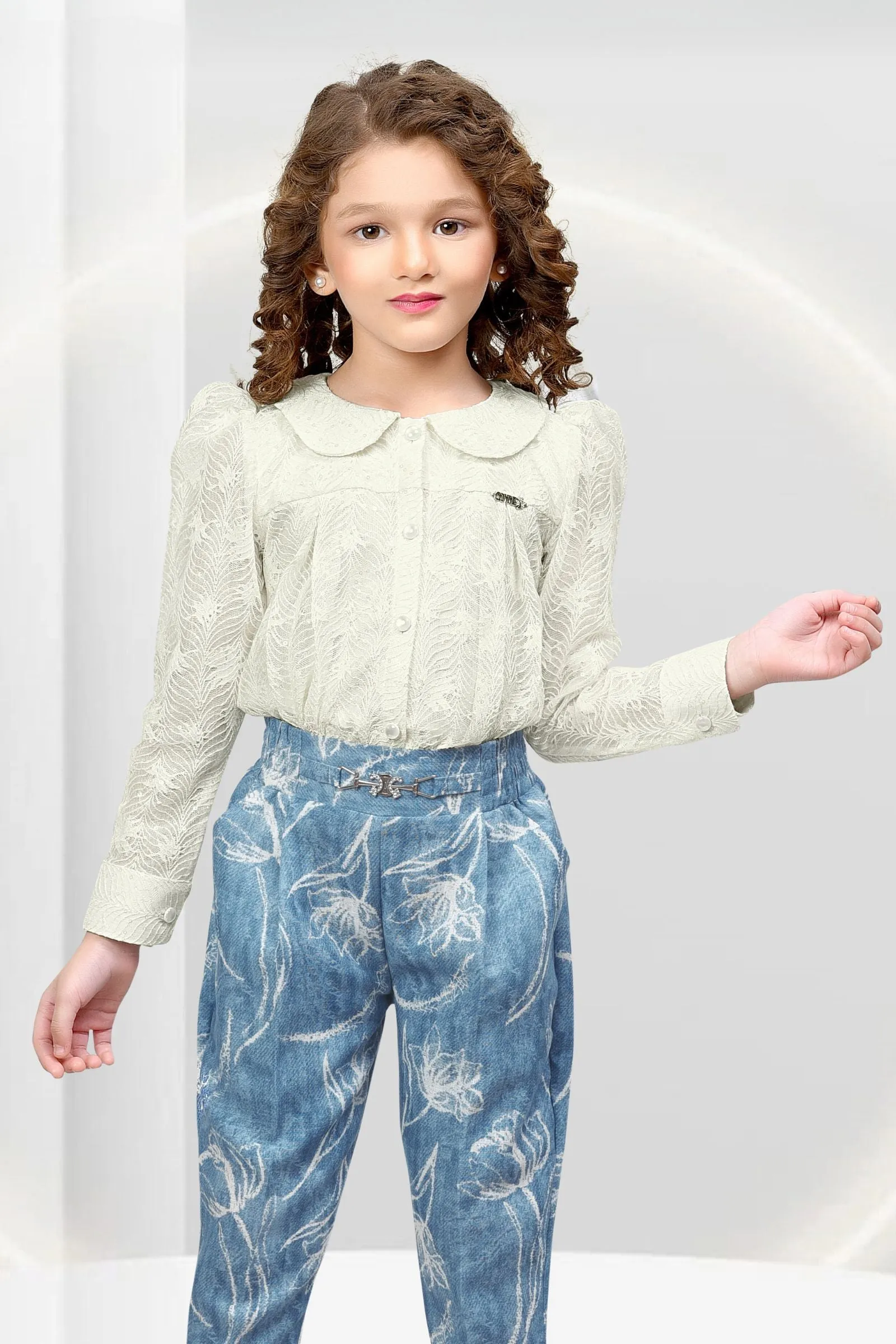 Cream with Blue Printed, Sequins and Thread work Top and Pant Set for Girls