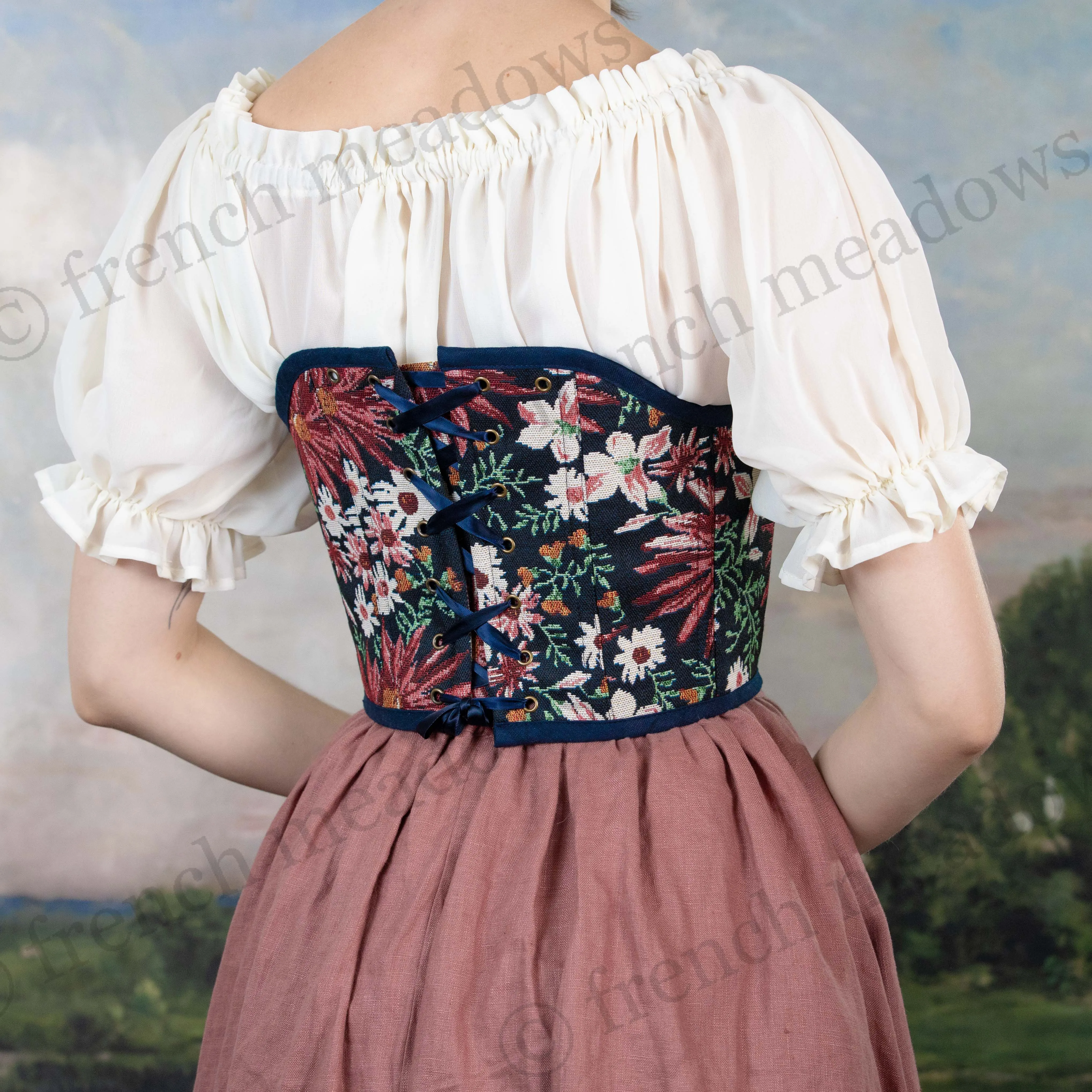 Dark Blue Floral Tapestry Corset Top