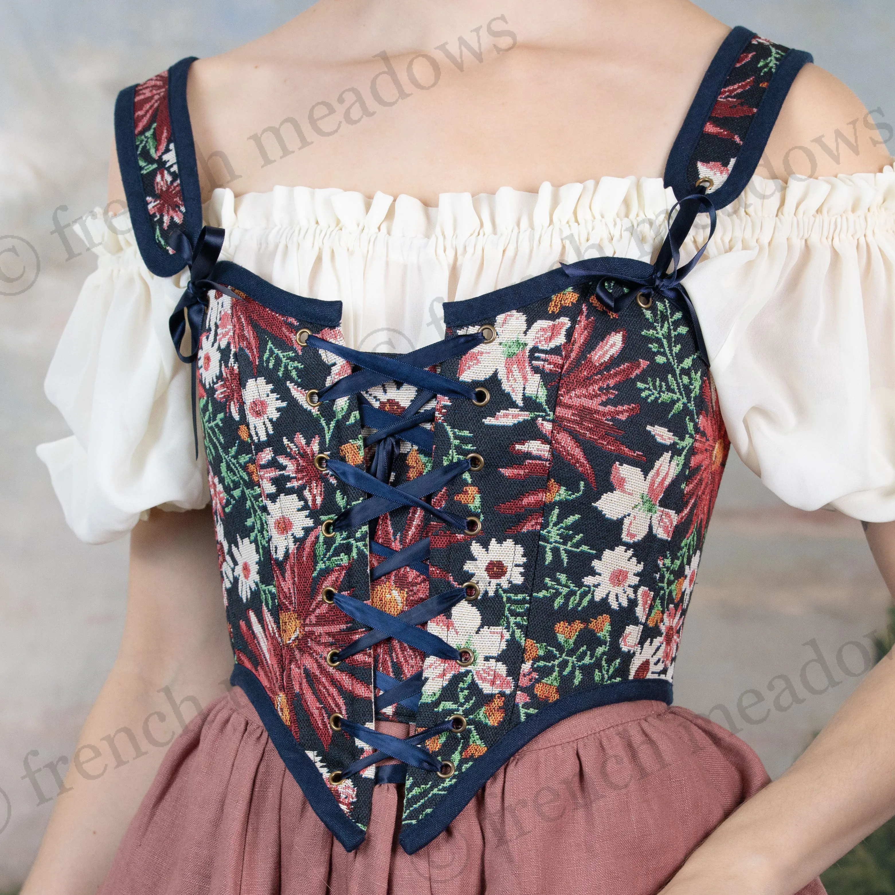 Dark Blue Floral Tapestry Corset Top