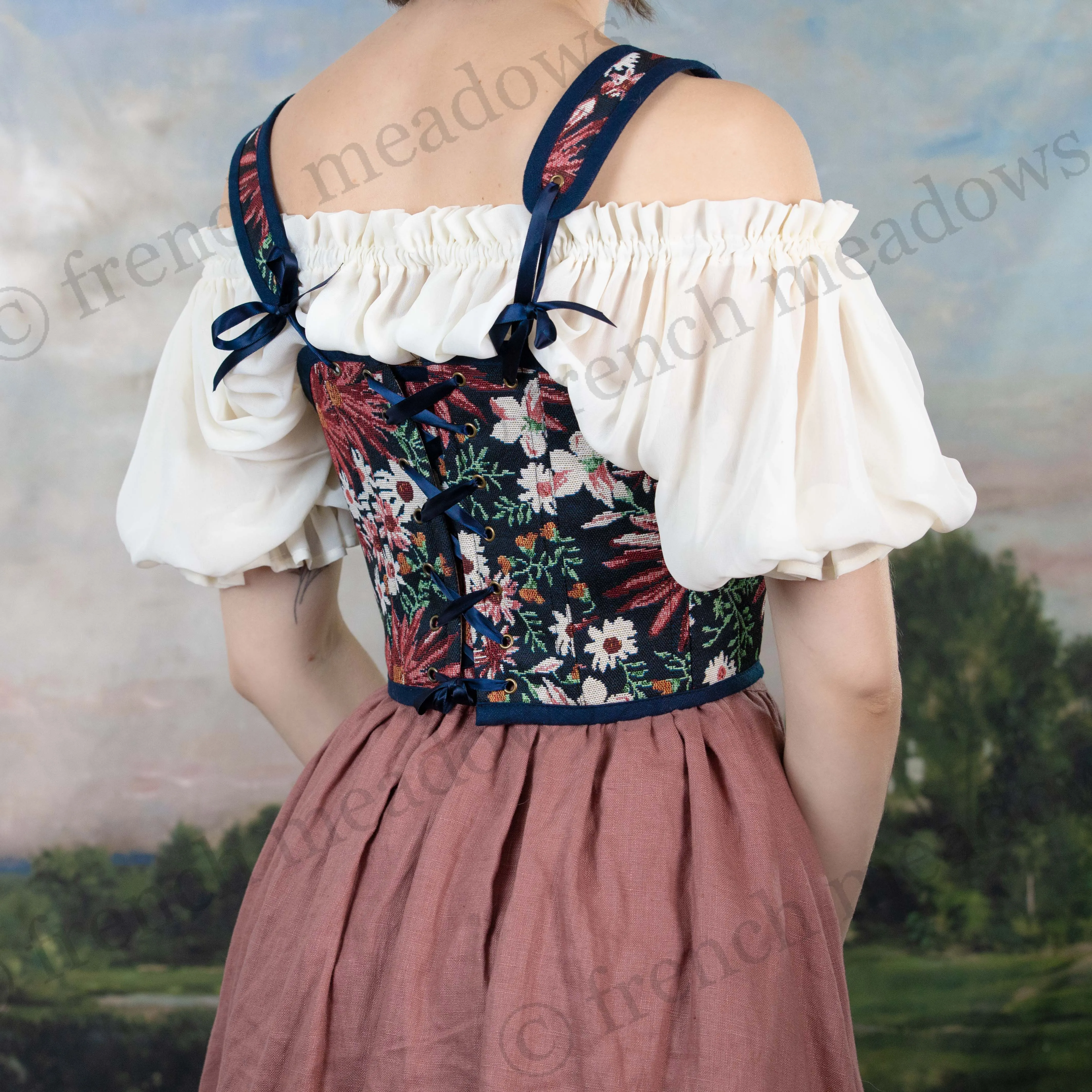 Dark Blue Floral Tapestry Corset Top