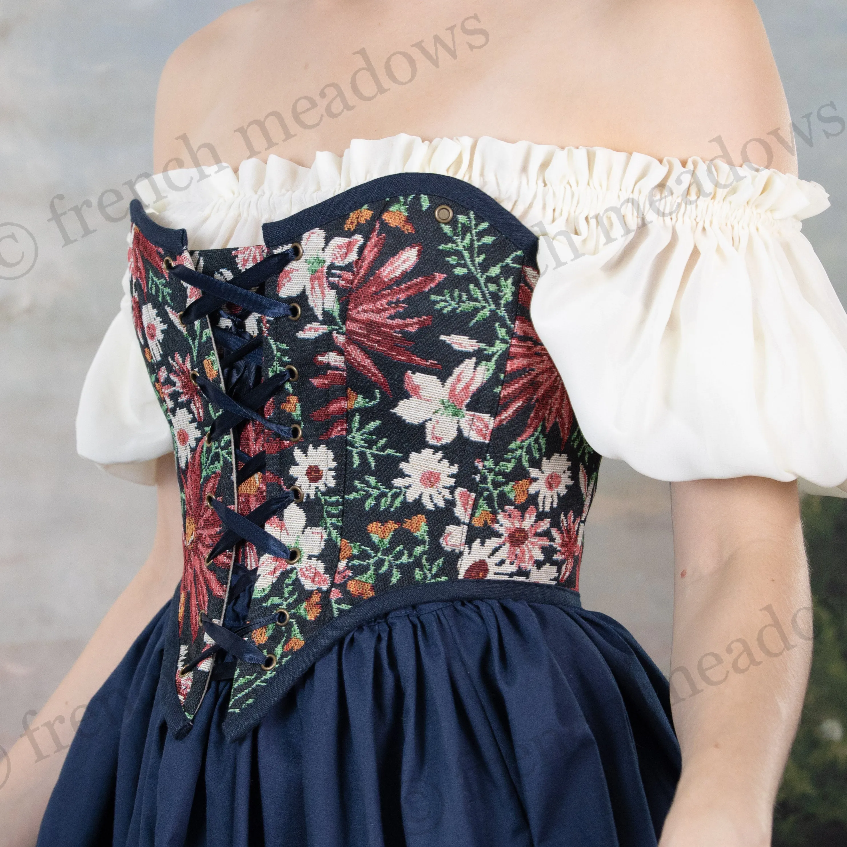 Dark Blue Floral Tapestry Corset Top