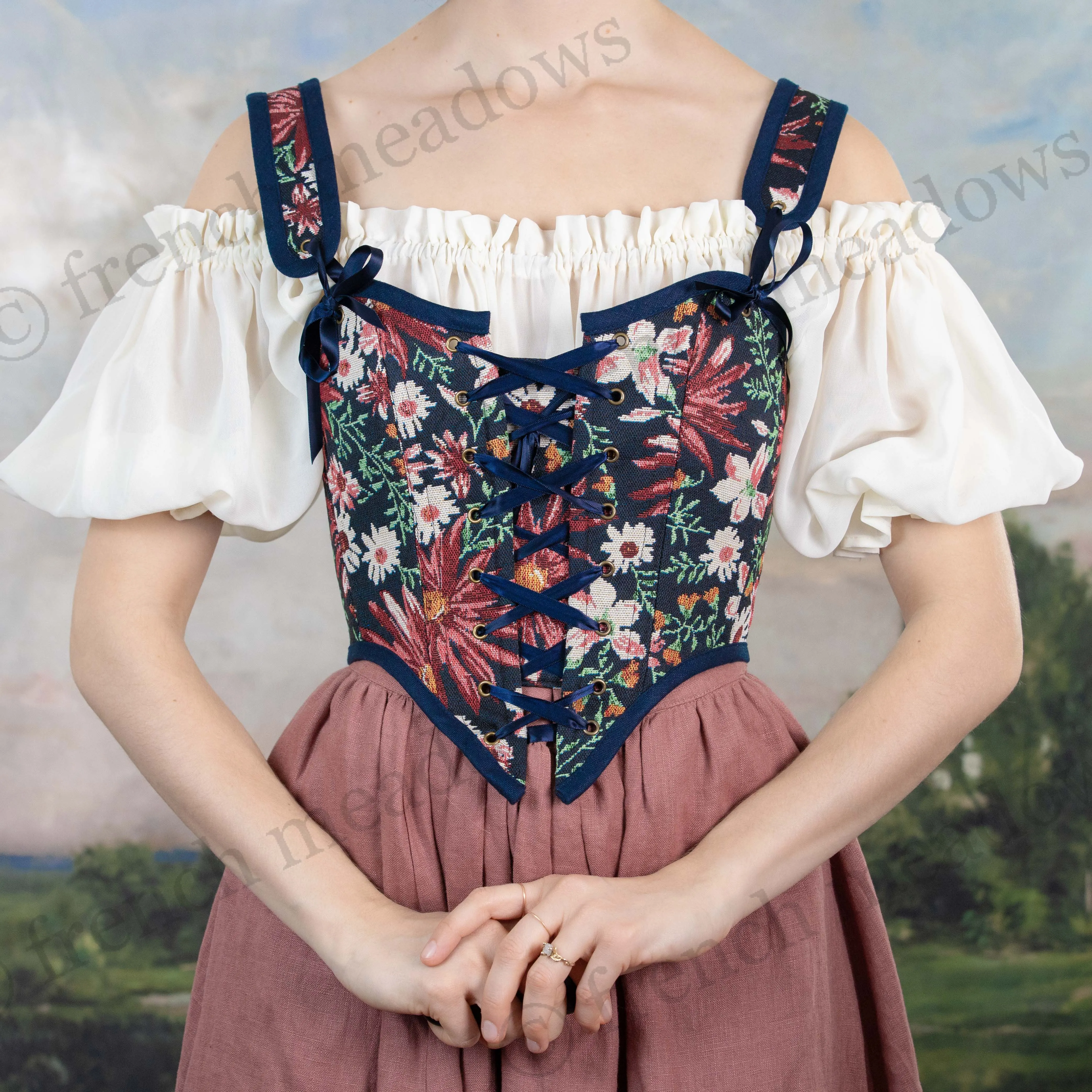 Dark Blue Floral Tapestry Corset Top