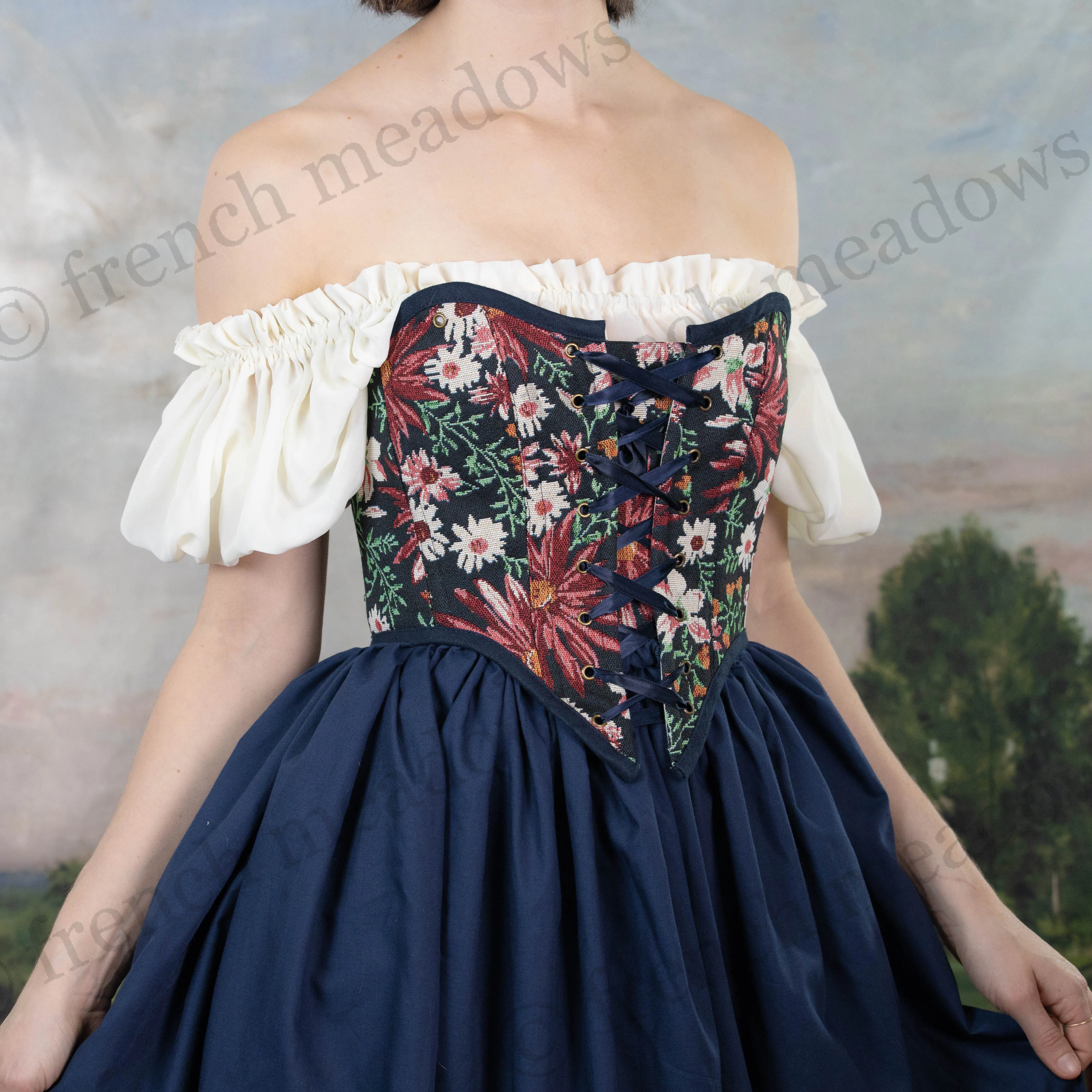 Dark Blue Floral Tapestry Corset Top