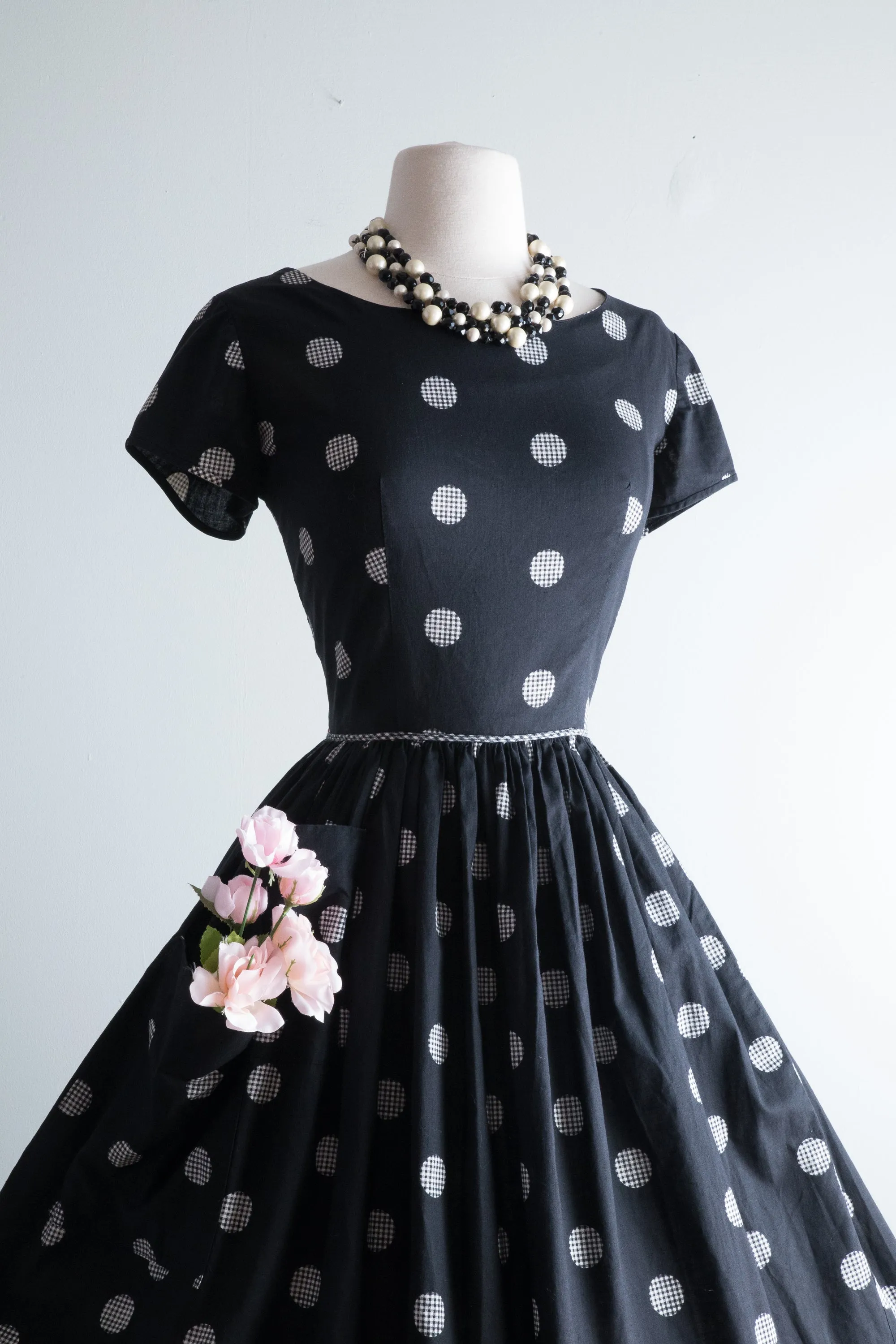 Darling 1950's Polka Dot Cotton Dress By Kay Whitney / Waist 28