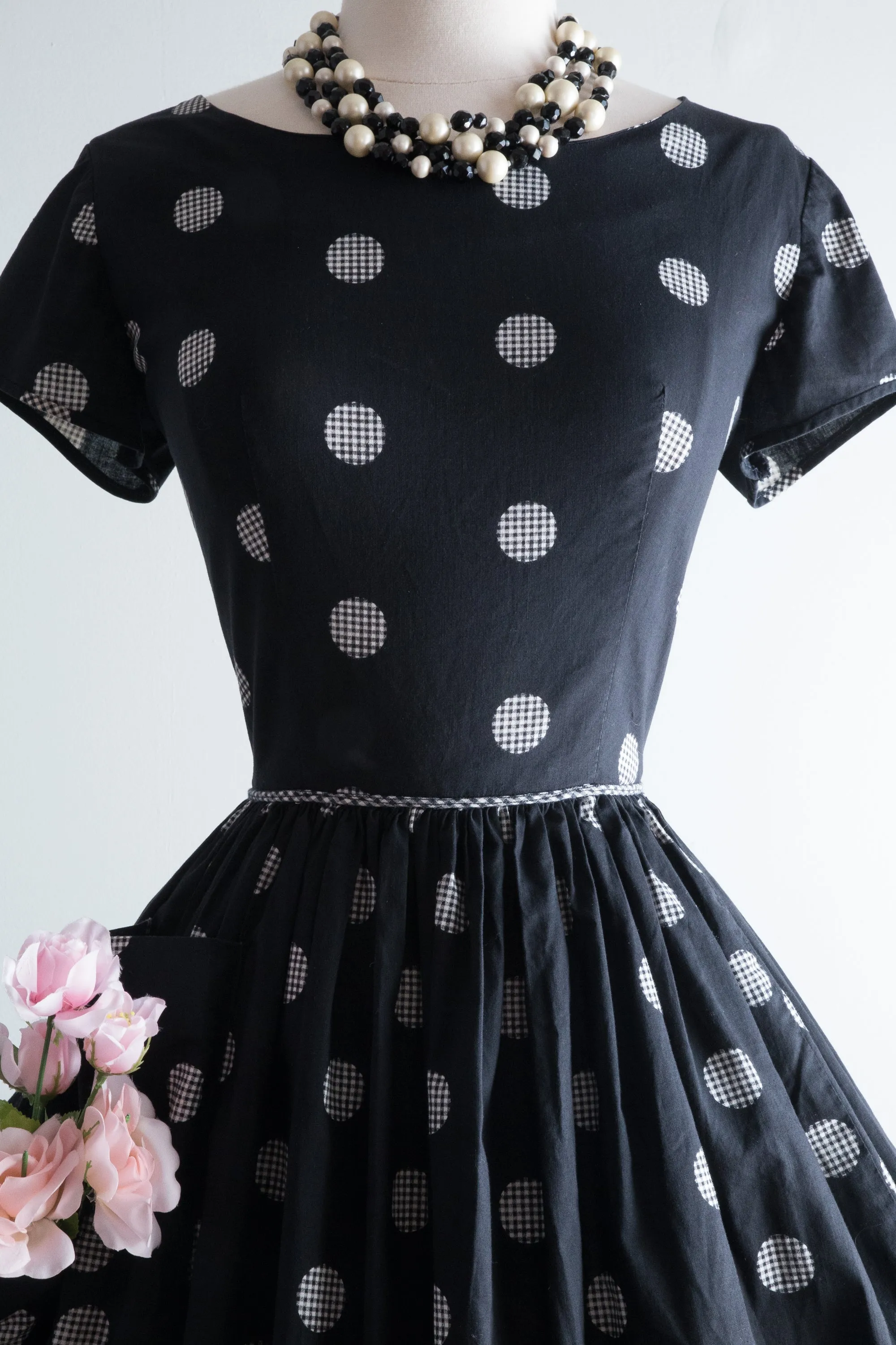 Darling 1950's Polka Dot Cotton Dress By Kay Whitney / Waist 28