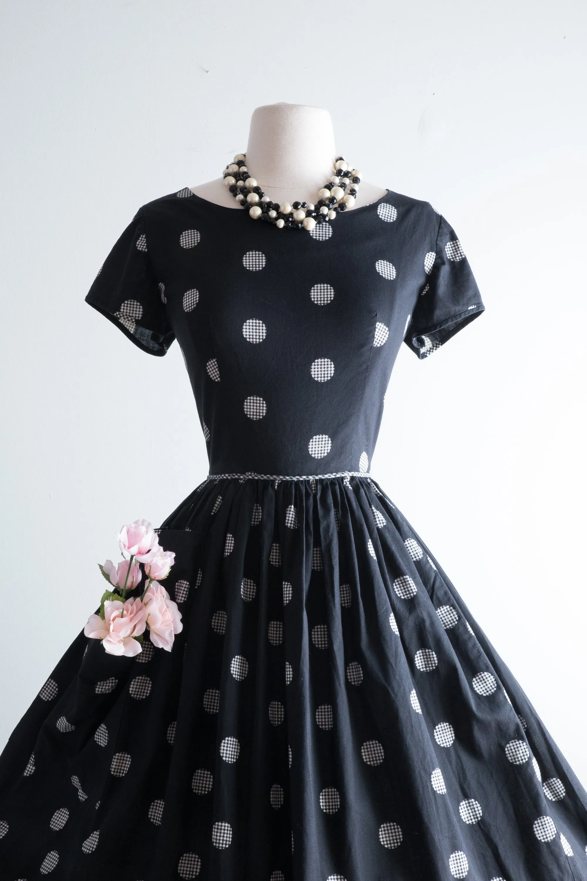 Darling 1950's Polka Dot Cotton Dress By Kay Whitney / Waist 28