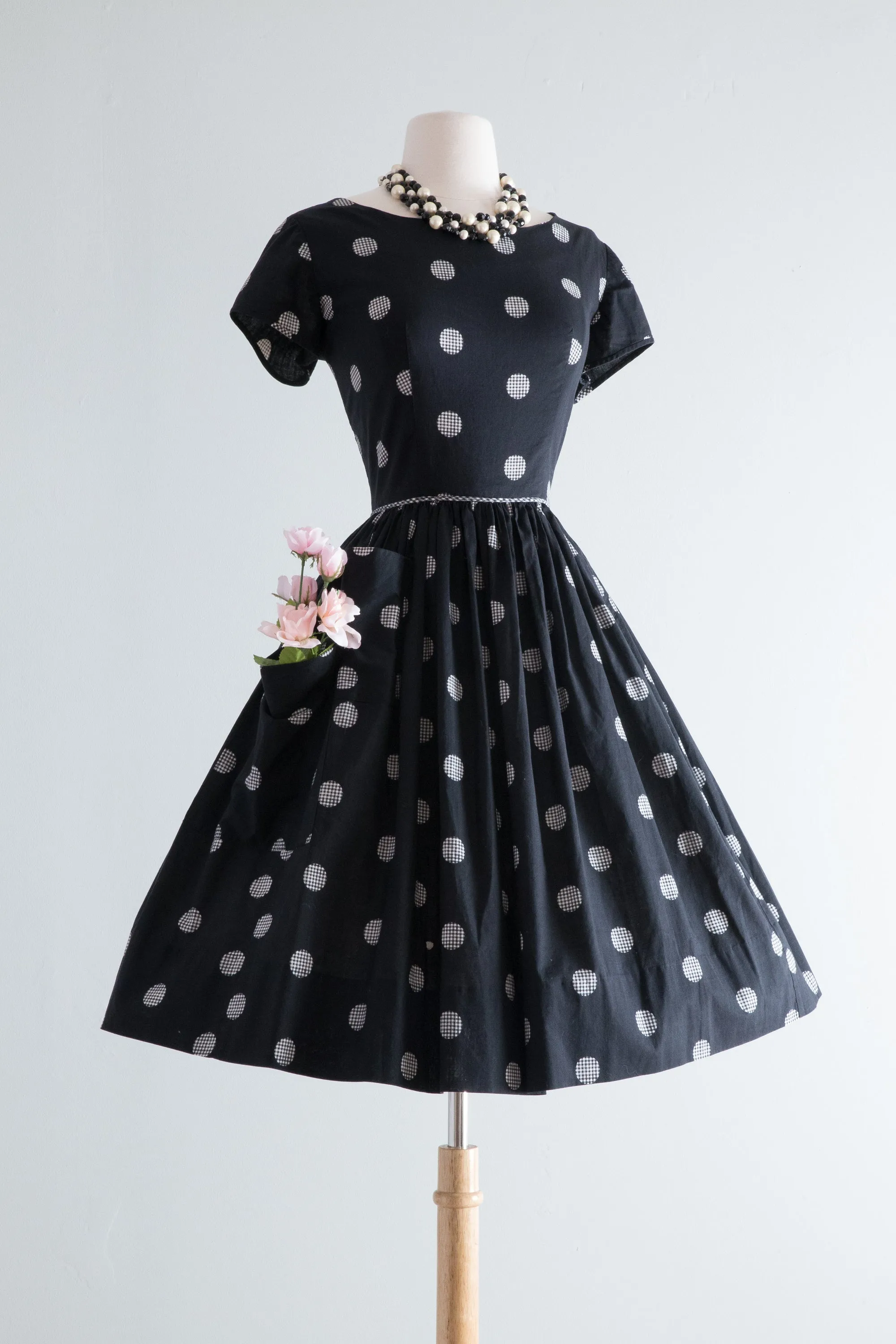 Darling 1950's Polka Dot Cotton Dress By Kay Whitney / Waist 28