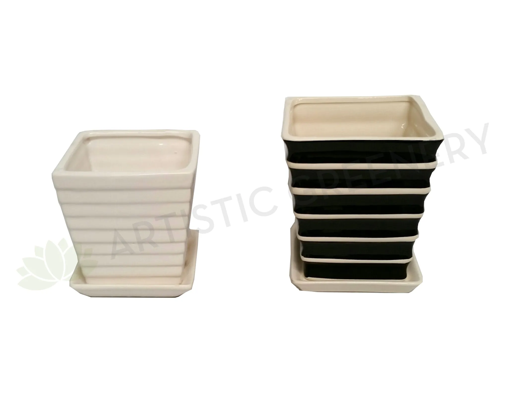 Desktop Size Ceramic Pot - White / Striped Black & White