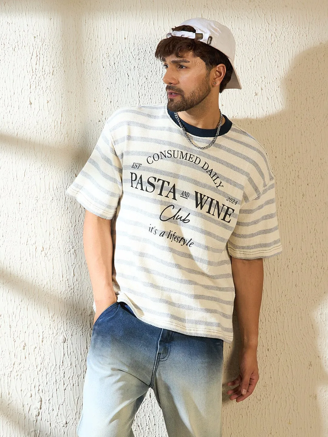 Ecru Sailor Striped Printed Oversized Tshirt