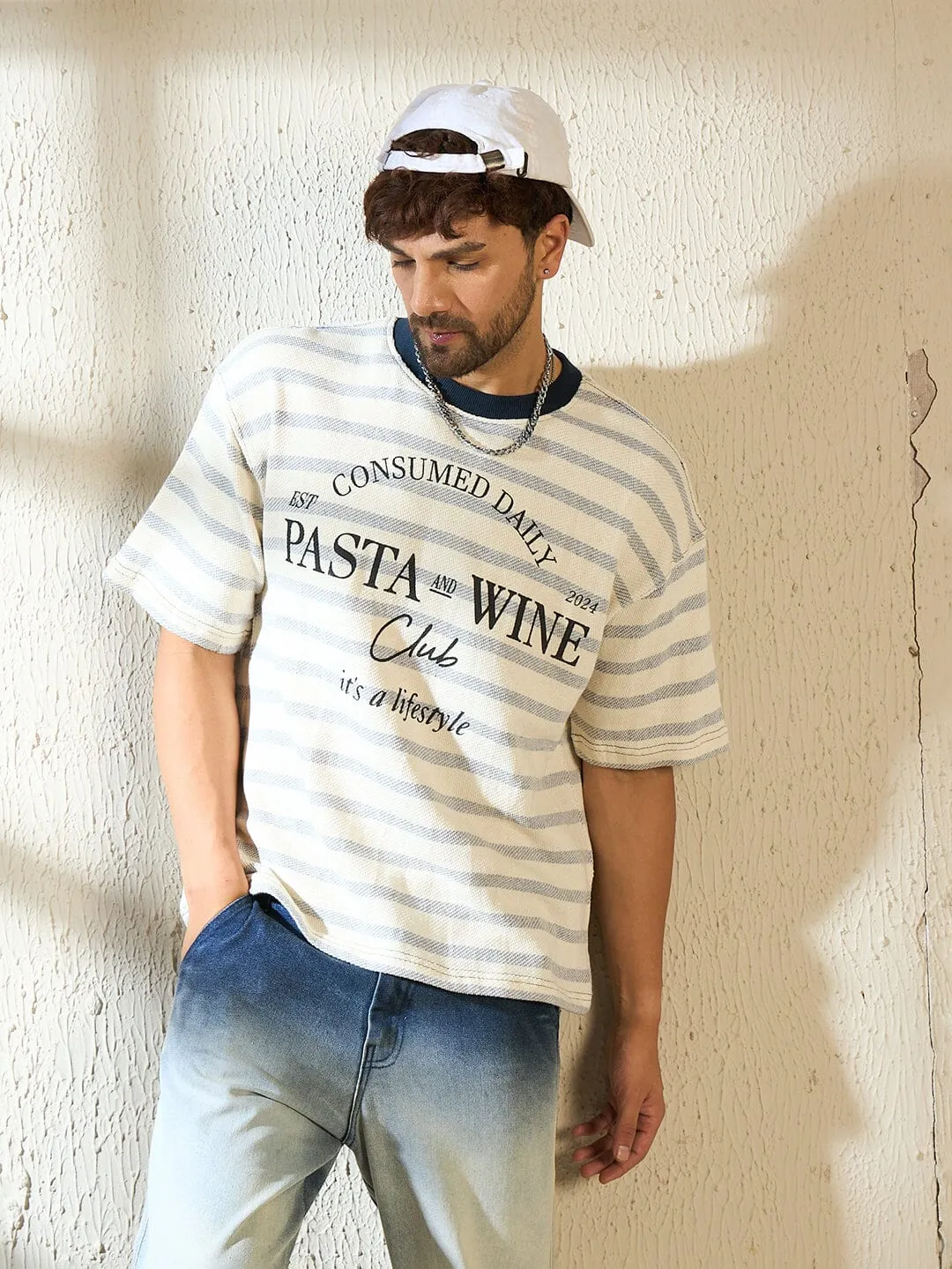 Ecru Sailor Striped Printed Oversized Tshirt