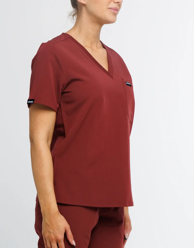 Essential One Pocket V Neck Scrub Top - Bordeaux Red