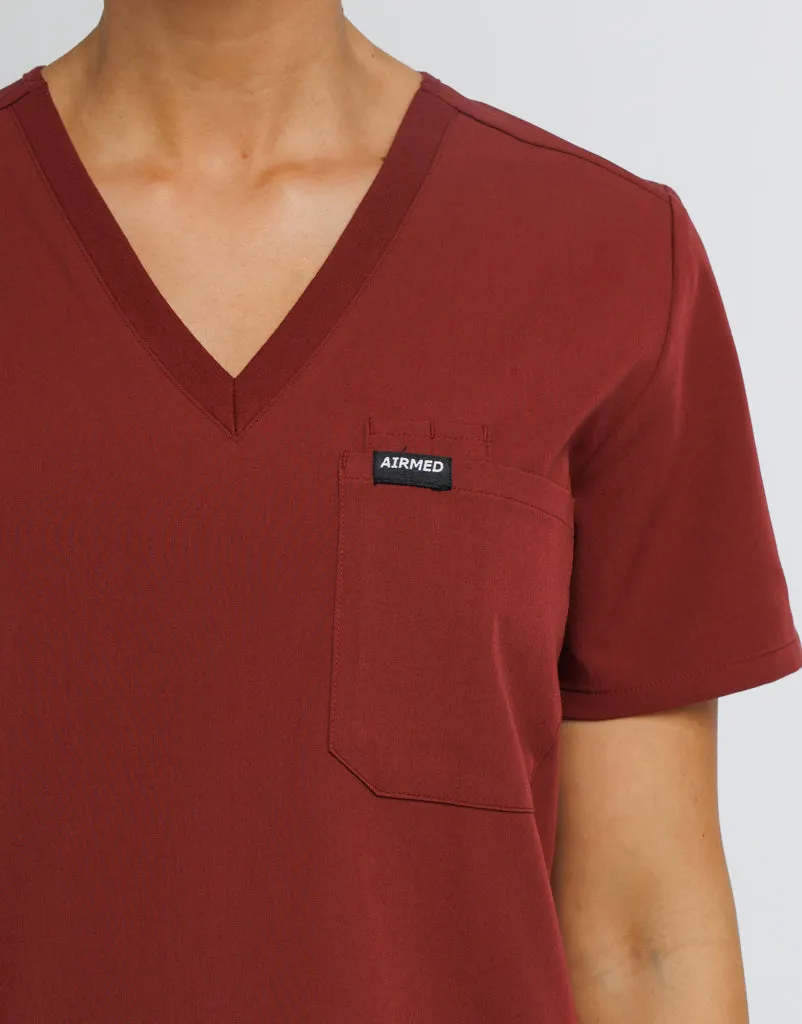 Essential One Pocket V Neck Scrub Top - Bordeaux Red