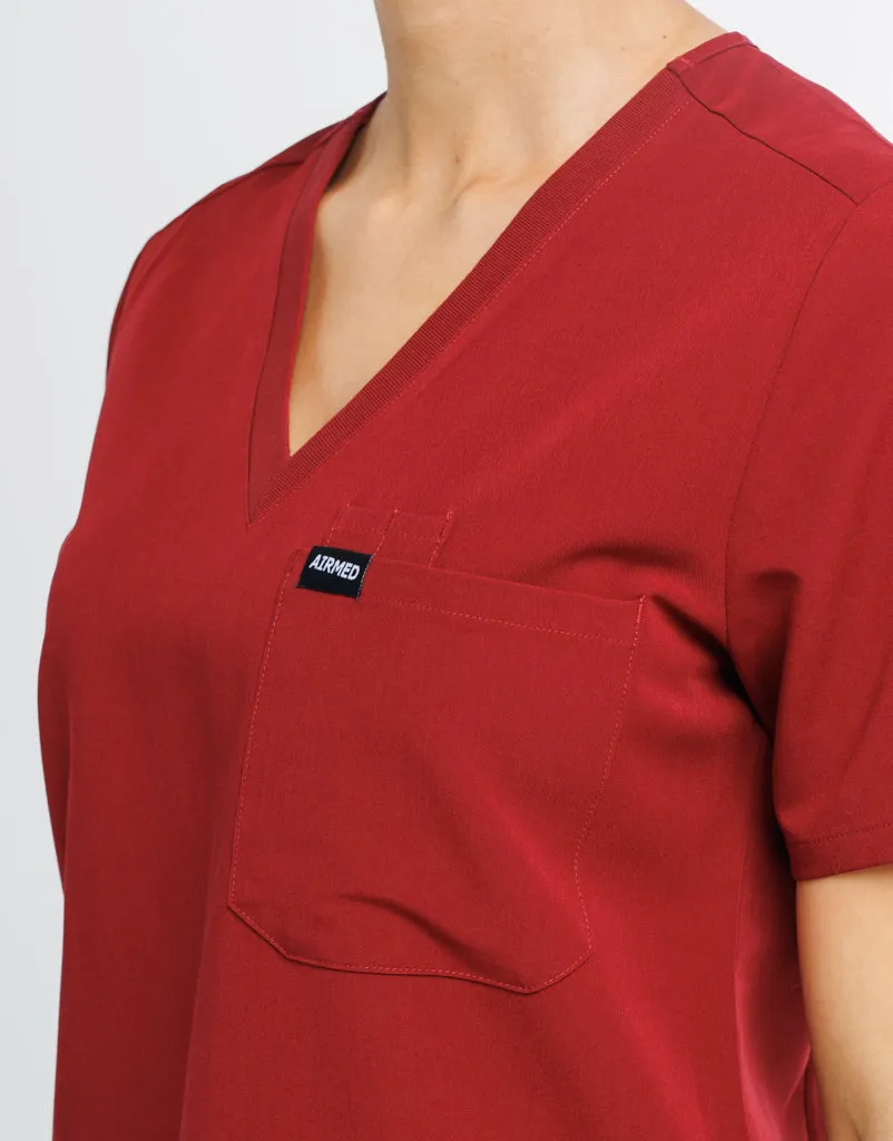 Essential One Pocket V Neck Scrub Top - Syrah Red