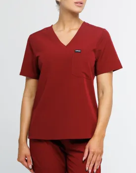 Essential One Pocket V Neck Scrub Top - Syrah Red