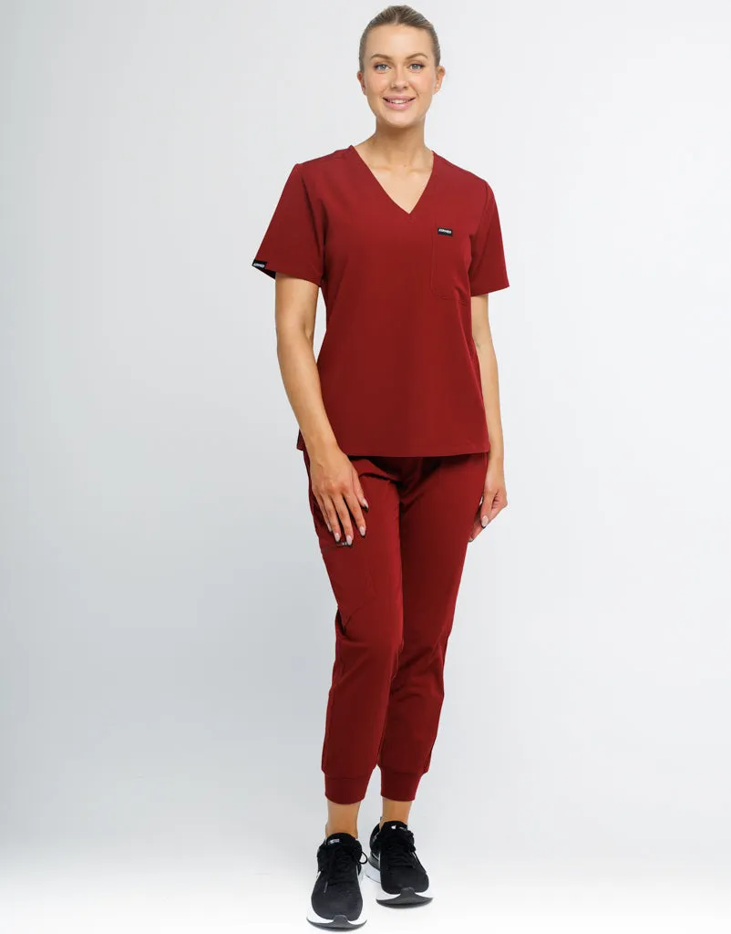 Essential One Pocket V Neck Scrub Top - Syrah Red