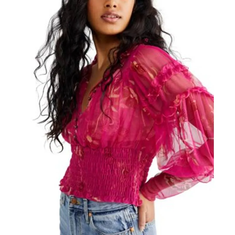 Free People Ladies Hot Pink Smocked Mesh Crop Top, "Time for Shine", Size S, NWT