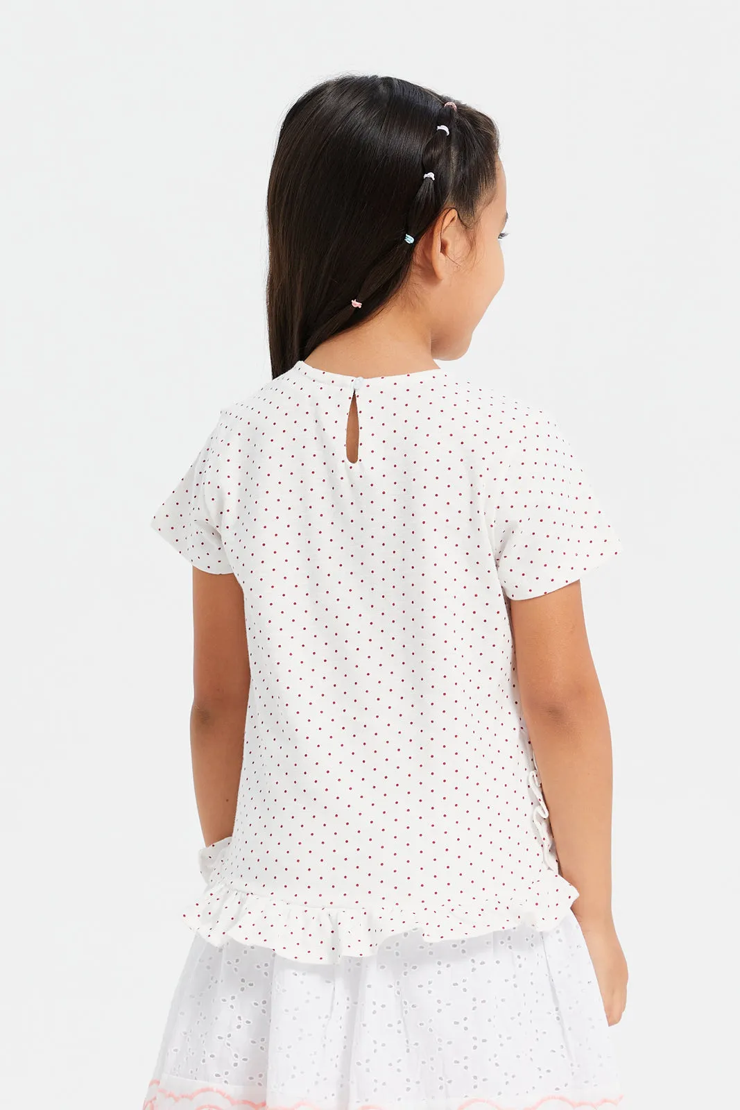 Girls White Polka Dot With Sequins Work T-Shirt