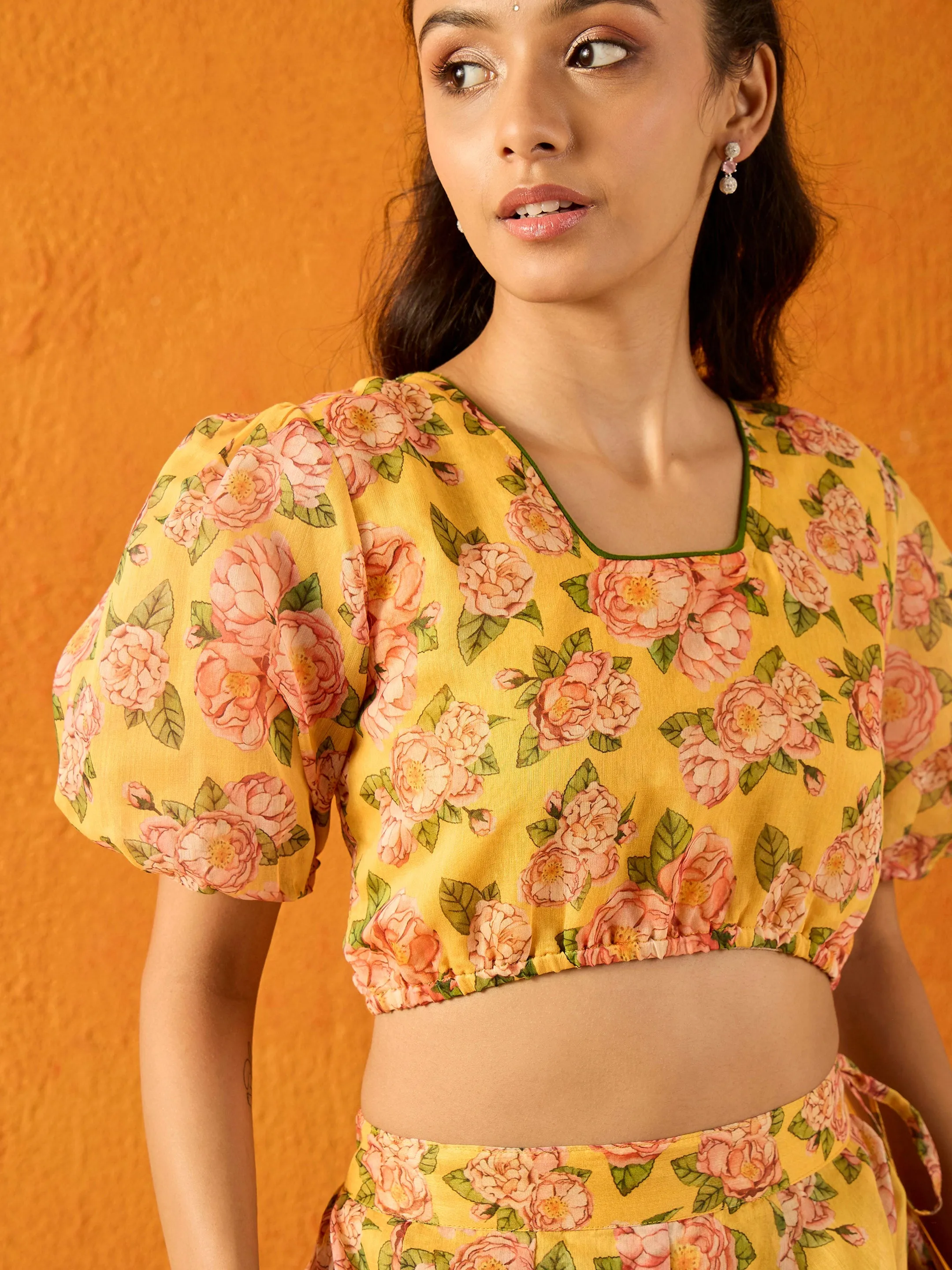 Girls Yellow Floral Skirt With Crop Top