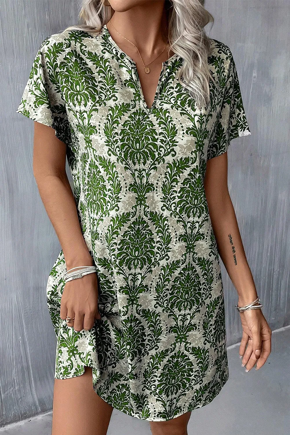 Green Floral Print V Neck Short Dolman Sleeve Mini Dress