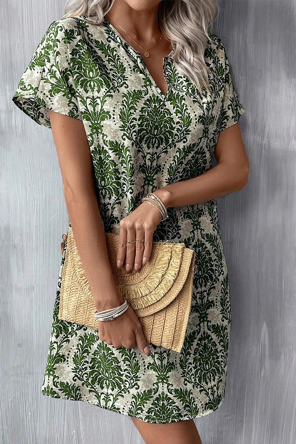 Green Floral Print V Neck Short Dolman Sleeve Mini Dress