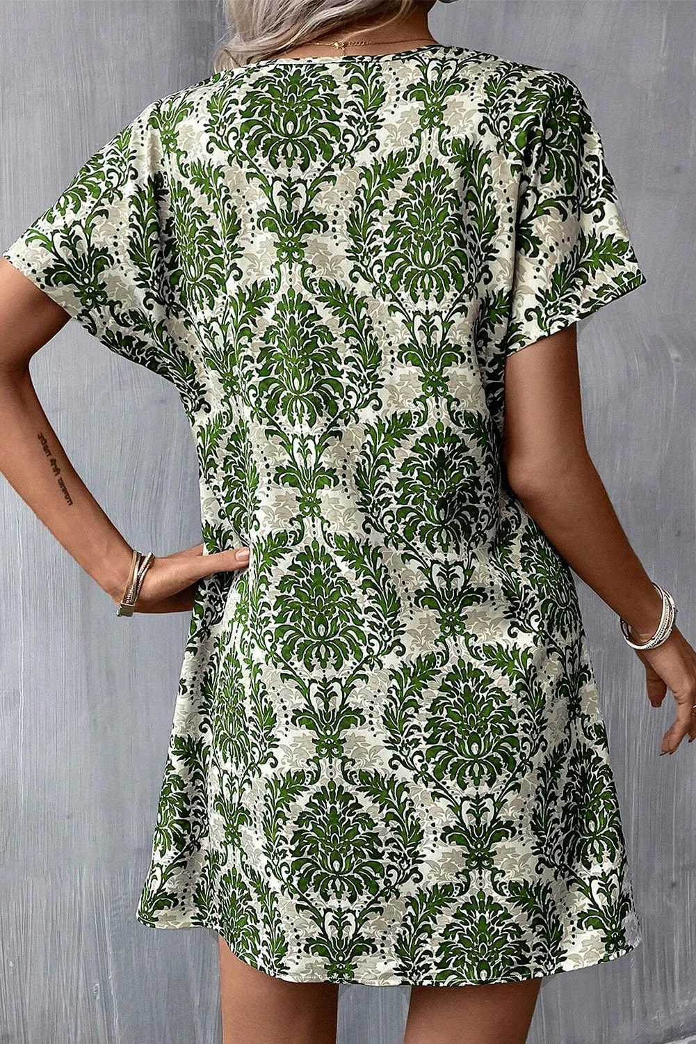 Green Floral Print V Neck Short Dolman Sleeve Mini Dress