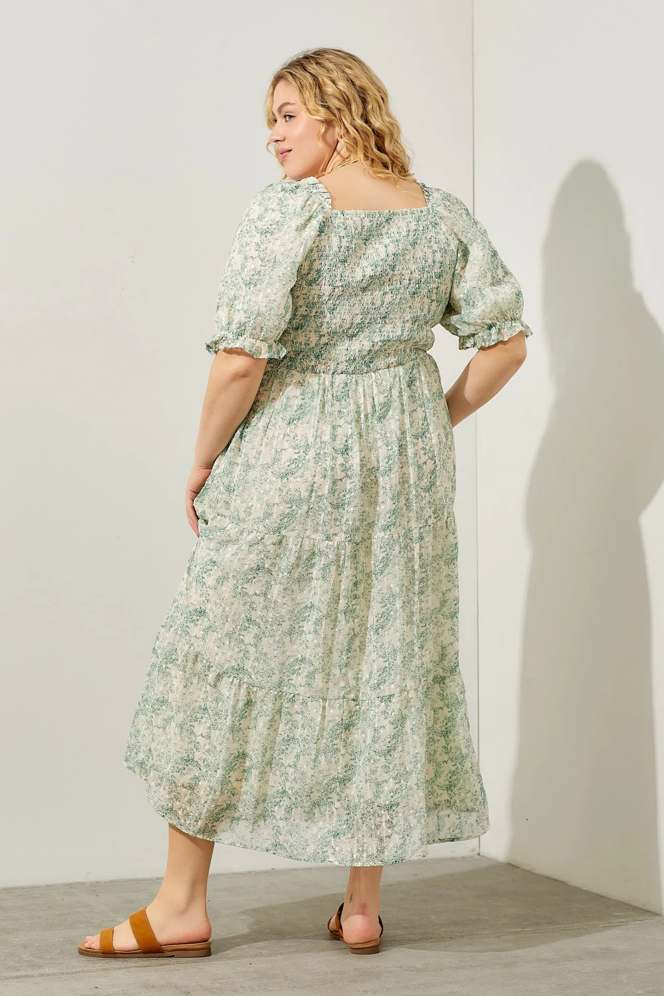 Green Toile Floral Smocked Bodice Midi Dress